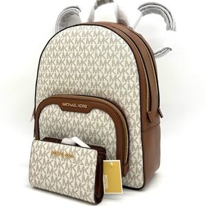 Michael Kors Medium Jaycee Zip Pocket Backpack & Bifold Zip Chain Wallet Vanilla